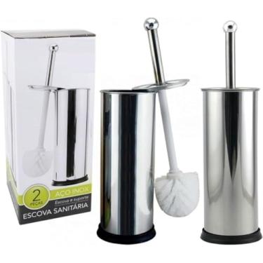 Imagem de Kit 2 Escovas Sanitária Vassoura Vaso Aço Inox Suporte Banheiro