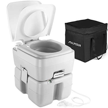Imagem de Alpcour WC portátil - Compact Indoor & Outdoor Commode w saco de viagem / para Camping, RV, Barco & More - Pistão Bomba embutida, 5,3 galão tanque de resíduos, Built-In Bica & lavagem do pulverizador para a limpeza fácil