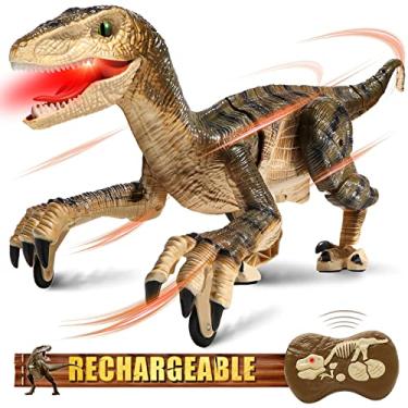 Imagem de Hot Bee Brinquedos de dinossauro de controle remoto para crianças 3-7 8-12, brinquedo de dinossauro robô andando com velocidade de simulação de luz e rugido, brinquedos de dinossauro para meninos e