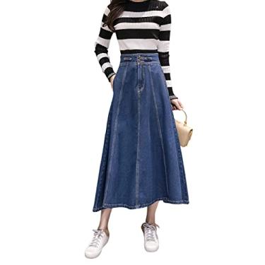 Imagem de Saia jeans feminina flare A Line cintura alta longa rodada saia rodada saia jeans midi plissada rodada com bolsos, Azul escuro, GG