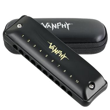 Imagem de VANPHY Gaita Harmonica Blues para adultos e iniciantes, chave de gaita C, furo redondo, 10 furos, 20 tons, armonica diatônica padrão, vem com estojo Hermonica (preto fosco)
