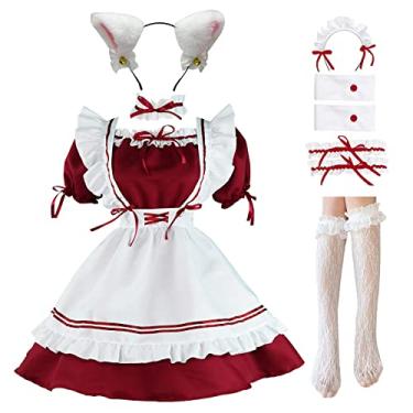Imagem de LISANEK Conjunto de meias de orelhas de gato de pelúcia para cosplay Lolita, Vermelho, Large