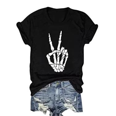 Imagem de Camiseta feminina esqueleto caveira mão vintage música country camiseta rock and roll camiseta manga curta, Preto, P