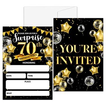 Imagem de Convite surpresa para festa de aniversário de 70 anos, convites de preenchimento preto e dourado para homens e mulheres adultos, 20 convites com envelopes (10 x 15 cm), decorações e suprimentos de