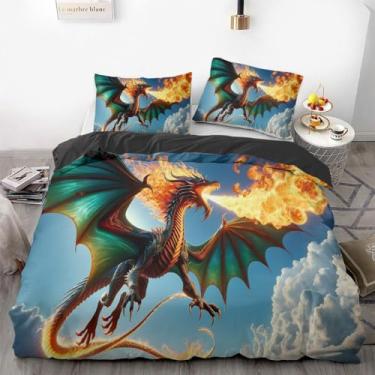 Imagem de Jogo de cama com capa de edredom dragão - perfeito para decoração de quarto infantil, conjunto de três peças (sem enchimentos) (estilo 3, Queen 228 x 228 cm + 50 x 76 cm x 56 cm)
