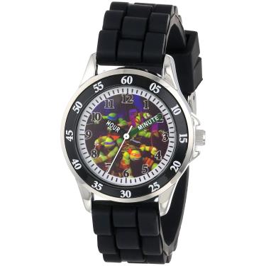 Imagem de Accutime Relógio analógico infantil das Tartarugas Ninja com caixa prateada, bisel preto, pulseira preta - Personagens oficiais TMNT no mostrador, relógio Time-Teacher, seguro para crianças - Modelo: TMN9013, black