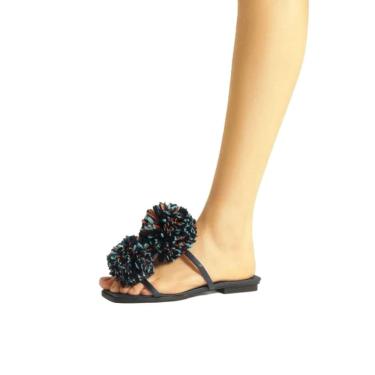 Imagem de Sandália Rasteira Azul Bico Quadrado Pompom Arezzo Feminino