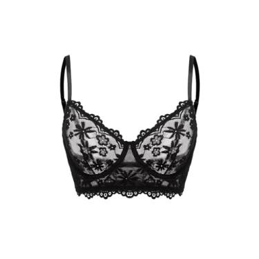 Imagem de SOLY HUX Sutiã feminino sexy de renda transparente com aro push up com alças ajustáveis, Preto liso, P