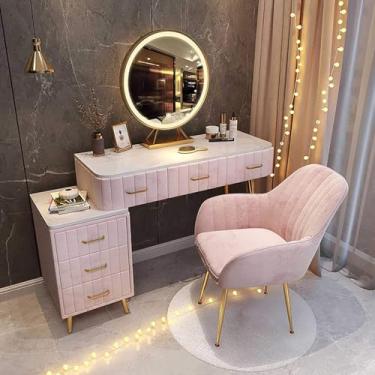 Imagem de Penteadeira moderna, penteadeira rosa com espelho de luzes LED, penteadeira de maquiagem com gavetas e cadeiras para quarto