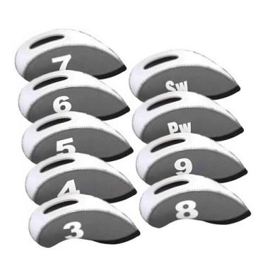 Imagem de kowaku 9 peças de ferro de golfe headcovers clube de golfe cabeça cobre ferros portátil equipamento golfista com número tags protetor de ferro de golfe, Cinzento/branco