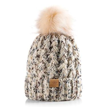 Imagem de PAGE ONE Gorro feminino de inverno com nervuras cruzado, gorro grosso de tricô pompom macio e quente, Mistura de aveia, Tamanho Único
