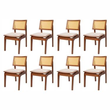 Imagem de Kit 8 Cadeiras de Madeira Maciça Tauari e Rattan Natural Assento Estofado Daren Living Outdoor Espre Imbuia/Cru