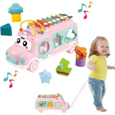 Imagem de Brinquedo Infantil Ônibus Musical Educativo Com Peças De Encaixar Xilofone (Rosa)