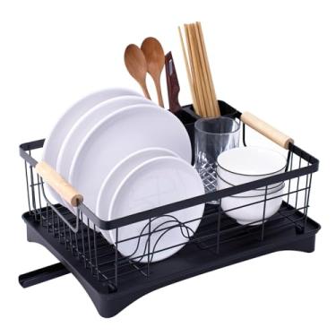 Imagem de AppleTofu Escorredor de louça, escorredor de pratos, talheres, panelas e frigideiras para cozinha com alças de madeira de faia - Bandeja coletora de design retrô moderno com rack de metal - Preto