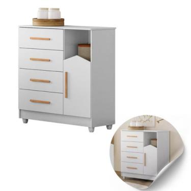 Imagem de Cômoda Infantil Mdf Branca Moderna 1 Porta 4 Gavetas Top - CASA E MOBI