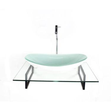 Imagem de Kit cuba de vidro oval branca com tampo 60cm incolor e suporte torneir