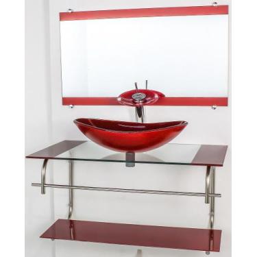 Imagem de Gabinete de vidro para banheiro inox 80cm cuba oval vermelho cereja - 