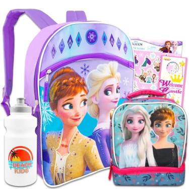 Imagem de Frozen Conjunto de mochila e lancheira para crianças - Pacote com mochila Frozen Lancheira, adesivos, garrafa de água, mais | Mochila Frozen Disney para meninas de 4 a 6 anos, Multicor, Frozen