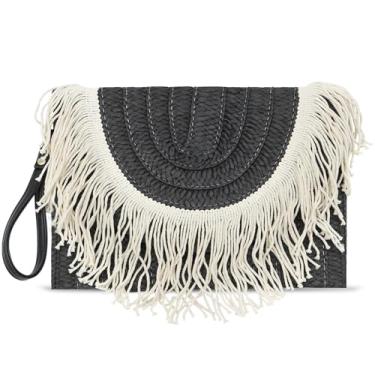 Imagem de QTKJ Bolsas clutch de palha, bolsas transversais para mulheres, pacote envelope de tecido feito à mão com borla boêmia, bolsas para mulheres, férias, viagens, praia (preto), Preto, One Size