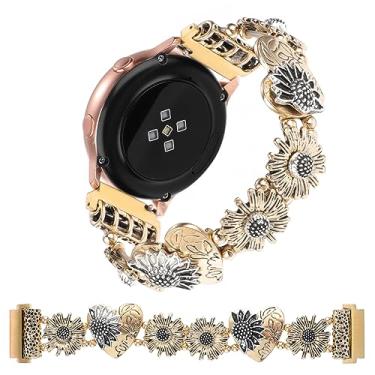 Imagem de Pulseiras de metal elástico compatíveis com Samsung Galaxy Watch Active 2 de 40 mm e 44 mm/Active 40 mm/Galaxy Watch 3 de 41 mm/42 mm/Gear S2/Galaxy Watch 5 4 de 20 mm (pequena, flor prateada dourada)
