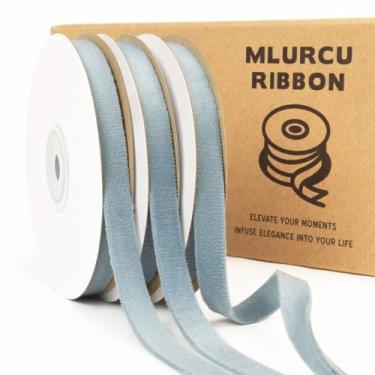 Imagem de Mlurcu Fita de veludo azul empoeirado 9,5 cm x 55,3 m, vintage, fina, dupla face, antigo, conjunto de fitas de veludo azul para enfeites de árvore de Natal, embrulho de presente, decoração de