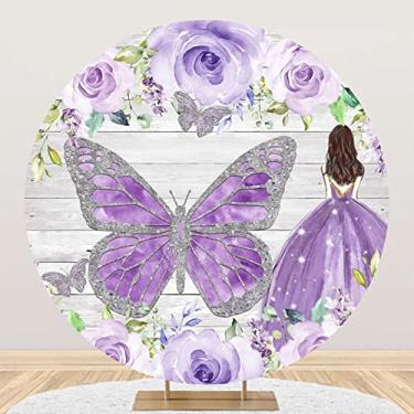 Imagem de AOFOTO Pano de fundo redondo de aniversário de 2,2 x 2,2 m para meninas de 15, 16 e 18 anos, vestido roxo com borboleta, fundo de poliéster, faixa para decoração de festa de aniversário, acessórios
