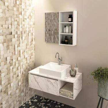 Imagem de Conjunto Banheiro Suspenso Mármore Branco com Cuba e Espelheira Branco Tecno Mobili