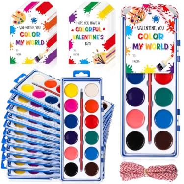Imagem de Sabary 24 Pack Valentine Watercolor Paint Sets 24 Valentine's Day Washable Watercolor Paints with 24 Gift Cards and 20 Meters Rope for Classroom Exchange Gifts Valentine Party Favors Art Activities
