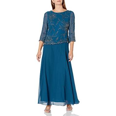 Imagem de J Kara Vestido longo feminino plus size com gola redonda e manga 3/4 com contas, Azul petróleo/multi, 40