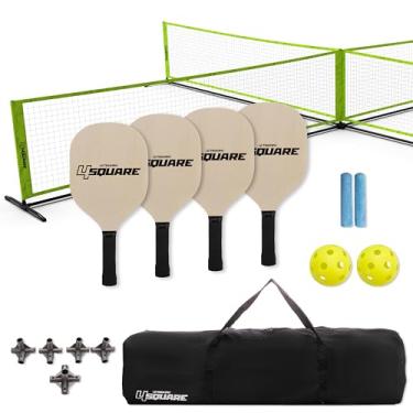Imagem de Triumph Sports Conjunto de 4 jogos de Pickleball quadrados se transforma em rede de Pickleball, inclui 4 redes quadradas, raquete de madeira, Pickleballs, marcadores de limites, moldura de metal, bolsa de transporte