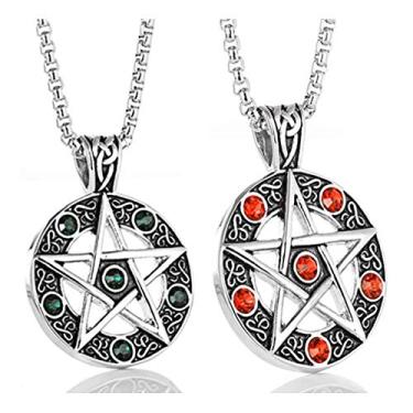 Imagem de Colar pentagrama poderoso de aço inoxidável, pingente de selo tradicional Wicca de Salomão, corrente de meio-fio de 69 cm (verde e vermelho (2 peças))