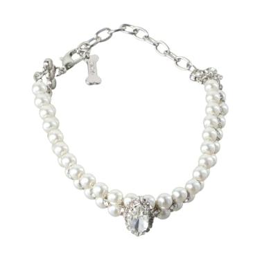 Imagem de Coleiras de pérolas ajustáveis para cães, colar de pérolas para animais de estimação, coleiras de couro com strass de cristal e pérolas, pulseira de couro PU para cães, gatos, festa de casamento (G,