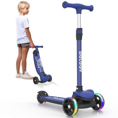Imagem de Patinete BELEEV para crianças de 3 a 12 anos, dobrável, de 3 rodas para meninas, meninos, rodas de poliuretano com iluminação, altura ajustável, inclinadas para dirigir (azul-escuro)
