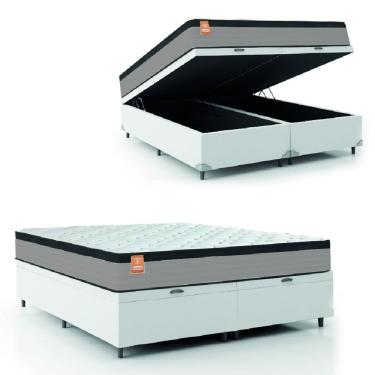 Imagem de Cama Box Baú Colchão Casal Queen Molas Ensacadas Real 158x198x68cm Linho Branco / Preto Inducol