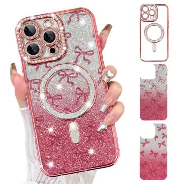 Imagem de Fiyart Capa projetada para iPhone 16 Pro, compatível com MagSafe Plating Clear X 2 peças de fita nós de laço com glitter papéis magnéticos para mulheres meninas proteção da câmera à prova de choque