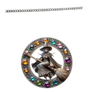 Imagem de Generic 2d Witch Rides Broom pendura Ornamento de placa com 23,6 polegadas Corrente decorativa colorida 20x20cm para salas de estar multiuso