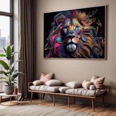 Imagem de Quadro com Moldura Sala Quarto 130x90 Leão Colorido Arte Decorativo Horizontal Grande Hall
