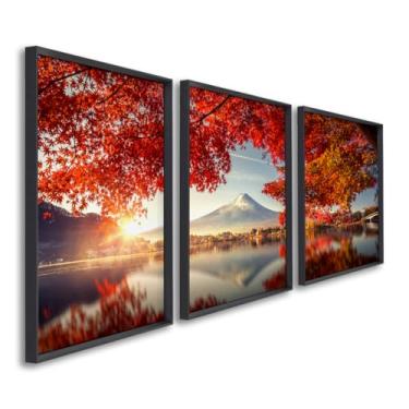 Imagem de Quadro Decorativo Triplo Paisagem de Montanhas com Flores Vermelhas Beleza e Harmonia em 3 Telas (Preto, 50x75, C/Vidro)