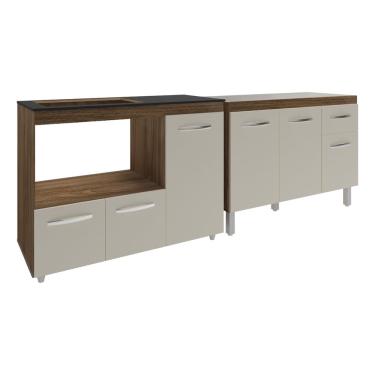 Imagem de Gabinete Cozinha Armário Balcão de Pia 120 cm Aline e Balcão para Fogão Cooktop 4 Bocas e Forno Alana Savana Off White