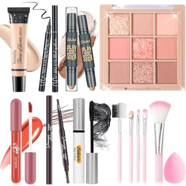Imagem de YBUETE Kit de maquiagem para mulheres, meninas, adolescentes, conjunto de presente de maquiagem, inclui 9 sombras coloridas, palito, base, lápis de sobrancelha, delineador, rímel, brilho labial, 5