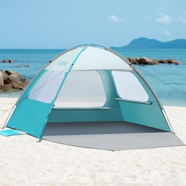 Imagem de OutdoorMaster Barraca de praia para 3/4 pessoas - abrigo de sombra de fácil configuração, toldo portátil para sombra de praia com proteção UV FPS 50+, claraboia removível, tamanho familiar - 4 pessoas