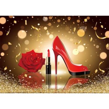 Imagem de Loccor 3 x 2,4 m Tecido Ouro Vermelho Bokeh Pano de Fundo de Festa de Aniversário Lady Queen Sapatos de Salto Alto Batom Rosa Fundo Fotográfico para Meninas Mulheres Decoração de Festa de Aniversário
