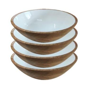 Imagem de Jeanne Fitz Tigelas de madeira, conjunto de 4 peças - madeira real de 18 cm com interior de esmalte branco, tigela de salada, frutas, macarrão, sopa, molho, suporte de doces, pratos de servir