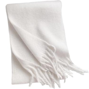 Imagem de Cachecol feminino de inverno 38 x 231 cm, grande, macio, para inverno, espesso, quente, com borla, cachecóis quentes e espessos para mulheres e meninas, Branco, Tamanho �nico