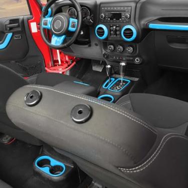 Imagem de Hoolcar Capa de volante para painel de mudança de marchas capa de suporte de copo de água kit de acessórios interiores adequado para Jeep Wrangler JK JKU 2011-2017, 4 portas, azul claro