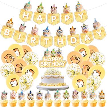 Imagem de 32Pcs Hamster Birthday Party Supplies and Decorations Guinea Pig Happy Birthday Banner,Latex Balloon, Cupcake Toppers, Set animal Party Supplies for Kids Family