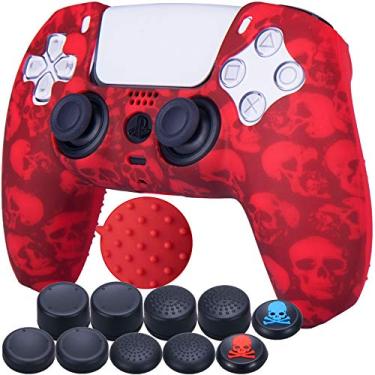 Imagem de 9CDeer 1 Piece of Silicone Transfer Print Protective Cover Skin + 10 Thumb Grips for Playstation 5 / PS5 Controller Skull Red