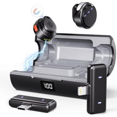 Imagem de Moman Microfone de lapela sem fio Coin para iPhone/Android, mini clipe/microfones magnéticos para Lightning/USB-C, microfone Lav de lapela com cancelamento de ruído ativo, 48H para gravação de vídeo