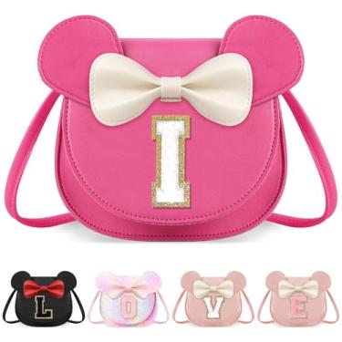 Imagem de izuzta Bolsa infantil para crianças 1 2 3 4 5 6 7 8 anos de idade bonito mouse orelha laço bolsa transversal presente de aniversário, Grande/Bolsa Rosa/Letra Branca, I, I