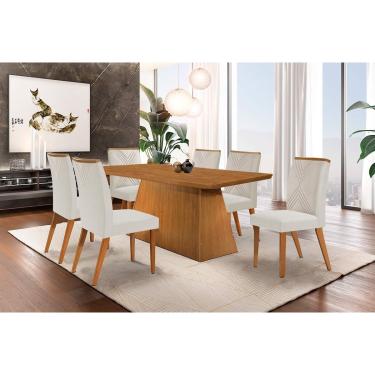 Imagem de Conjunto: Mesa de Cozinha Luna c/ Tampo Madeirado Canto Curvo 180x90cm e 6 cadeiras Amsterdã Imbuia-Capuccino/Suede Creme - Rufato